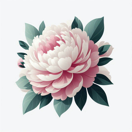 Pink peony flower with green leaves on white background. Vector illustration.のイラスト素材