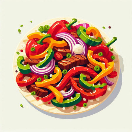 Mexican food vector illustration. Mexican tacos with meat, vegetables and sauce.のイラスト素材