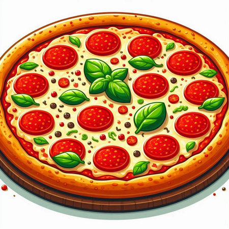 Illustration of a pizza with pepperoni and basil on a white backgroundのイラスト素材