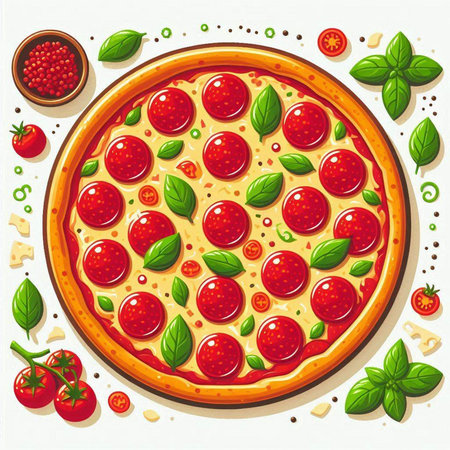 Pizza with pepperoni, tomato and basil. Vector illustration.のイラスト素材