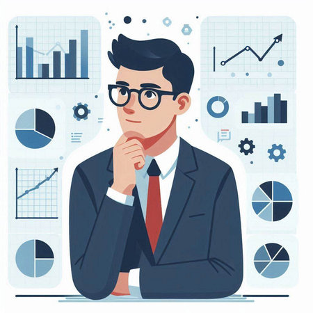 Thoughtful businessman in business suit and eyeglasses sitting at table and looking at graphs. Vector illustration in flat style.のイラスト素材