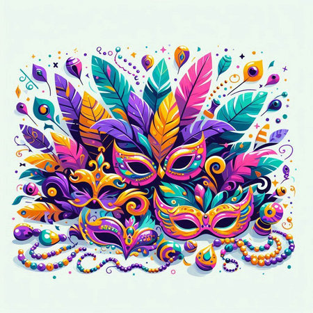 Colorful carnival mask with feathers and beads. Vector illustration.のイラスト素材