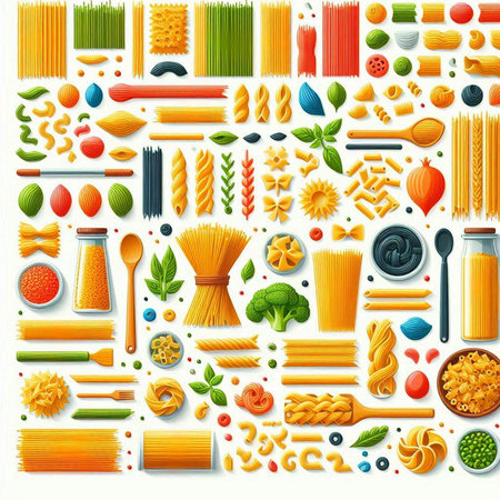 Variety of types and shapes of Italian pasta. Vector illustration.のイラスト素材