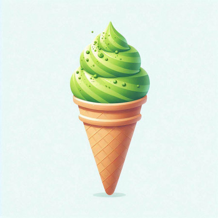 Ice cream cone with green ice cream on blue background. Vector illustration.のイラスト素材