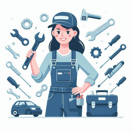 Female mechanic with tools. Vector illustration in a flat style on white background.のイラスト素材