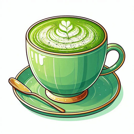 Green cup of matcha latte or matcha green tea with milk. Vector illustration.のイラスト素材