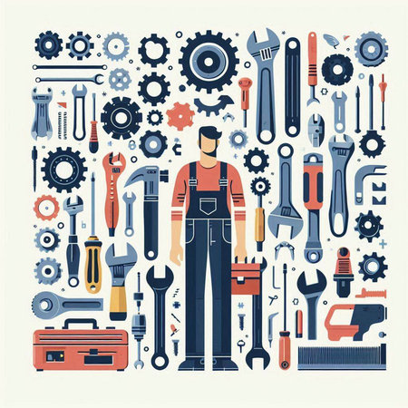 Repairman with a set of tools and instruments. Vector illustrationのイラスト素材