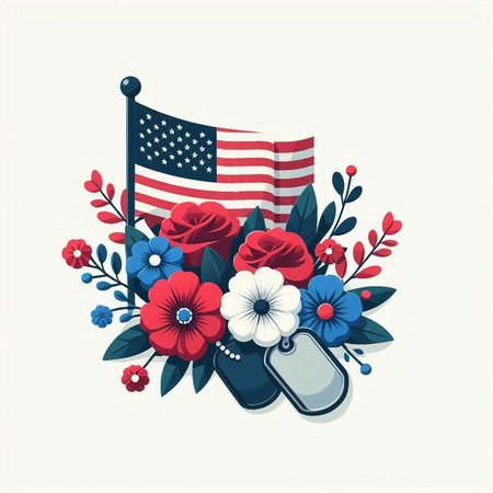 American Flag with Flowers and Blank Tag. Vector Illustration EPS10のイラスト素材