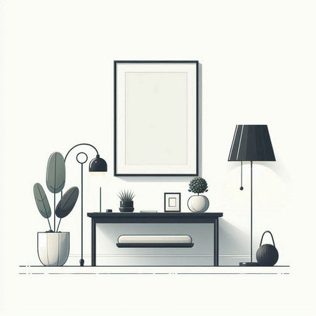 Vector illustration of a modern living room interior with a bedside table and a picture frameのイラスト素材