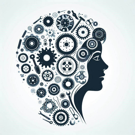 Silhouette of human head made of gears and cogwheelsのイラスト素材