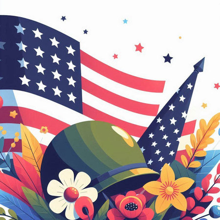 American Independence Day greeting card with flags and flowers. Vector illustration.のイラスト素材