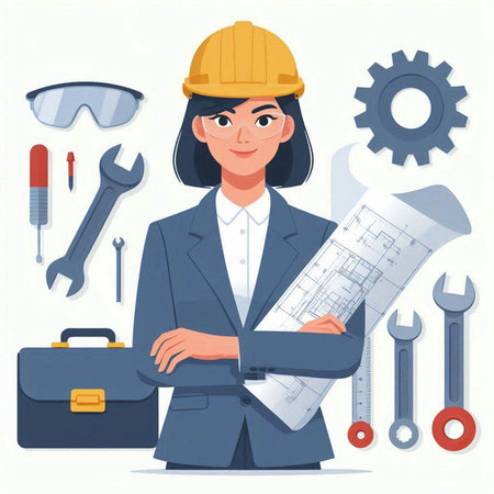 Engineer woman with helmet and tools. Vector illustration in flat styleのイラスト素材