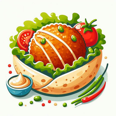 Breaded chicken with vegetables and mayonnaise. Vector illustration.のイラスト素材