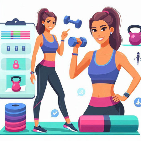Fitness woman cartoon character with dumbbells in gym vector illustrationのイラスト素材