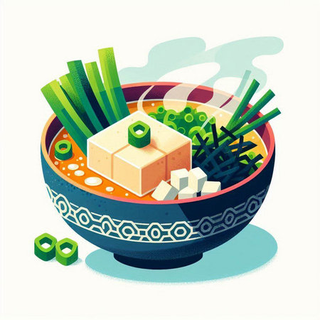 Japanese soup with tofu and vegetables in a bowl. Vector illustration.のイラスト素材
