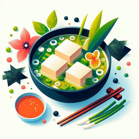 Illustration of japanese miso soup with tofu in bowlのイラスト素材