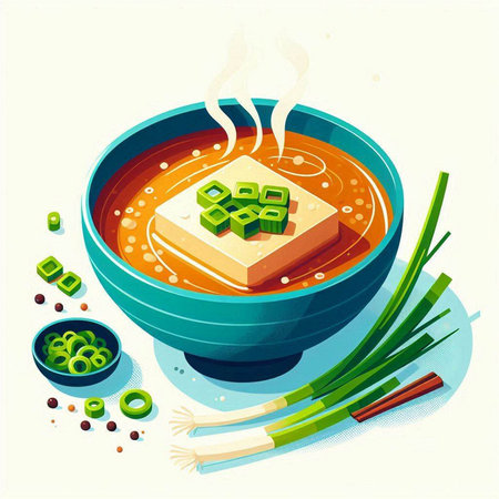 japanese soup with tofu and green onion, vector illustration.のイラスト素材