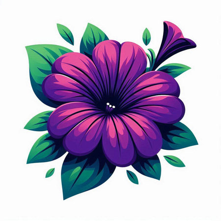 Illustration of purple flower with green leaves on white background - vectorのイラスト素材