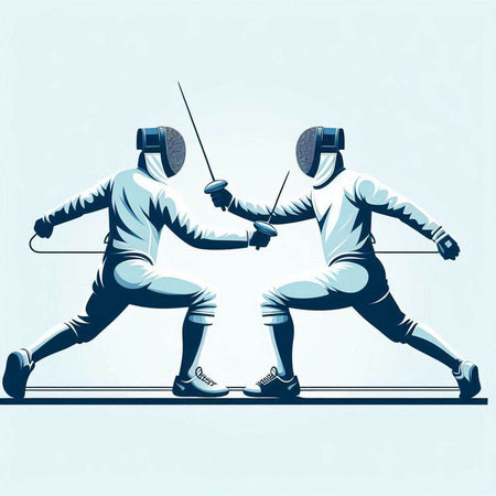 Fencing. Two young men in fencing suit with swords. Vector illustrationのイラスト素材