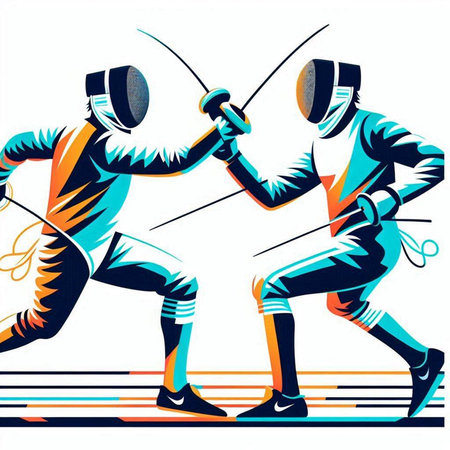 illustration of two fencing athletes with swords in action, vector illustrationのイラスト素材