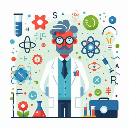 Scientist in laboratory flat vector illustration. Scientist with equipment and science research.のイラスト素材