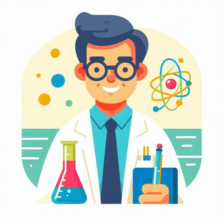 Scientist in laboratory. Vector illustration in flat style. Chemistry, biology, medicine.のイラスト素材
