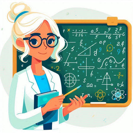 Vector illustration of a teacher in a white coat and glasses standing at the blackboard with formulas.のイラスト素材