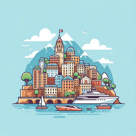 Cityscape with skyscrapers and boats. Vector illustration in flat styleのイラスト素材