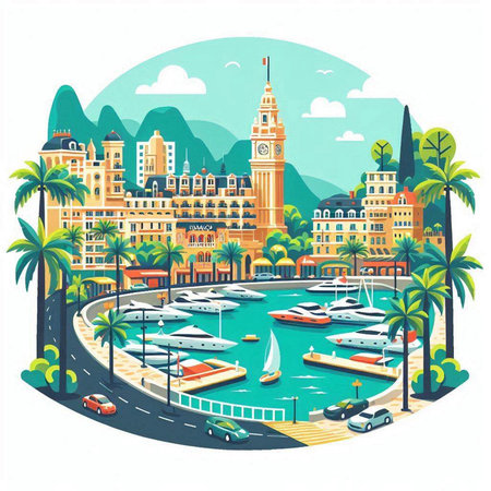 Cityscape with boats and yachts. Vector illustration in flat styleのイラスト素材