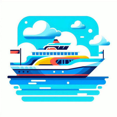 Cruise ship on the sea. Vector illustration in flat style.のイラスト素材