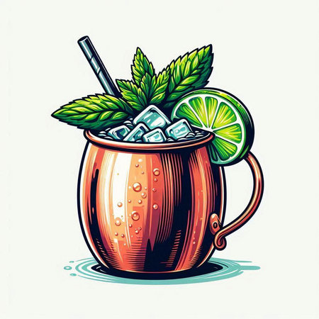 Cocktail with ice cubes and mint leaves. Vector illustration.のイラスト素材
