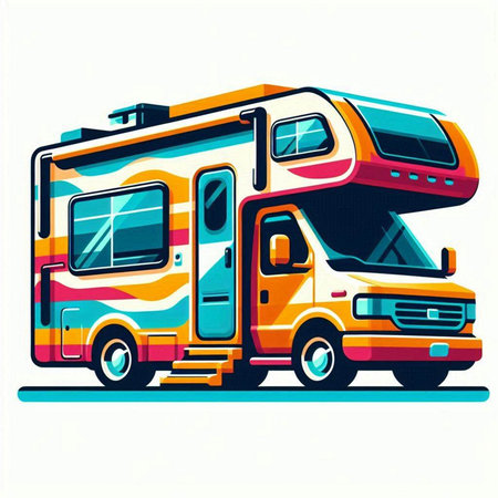 Vector illustration of a camper van on the road in retro styleのイラスト素材