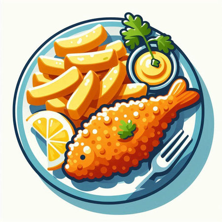 Fish and chips. Vector illustration of fried fish with french fries.のイラスト素材