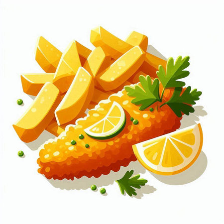 Fried fish and chips with lemon and parsley, vector illustrationのイラスト素材