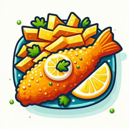 Fried fish with lemon and parsley on a plate. Vector illustrationのイラスト素材