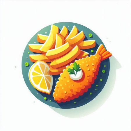 Fried fish with lemon and parsley on a plate. Vector illustration.のイラスト素材