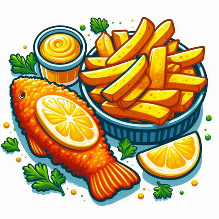 Fried fish with lemon and parsley on a plate. Vector illustrationのイラスト素材