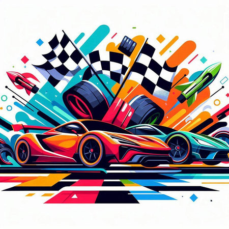 Vector illustration of a racing car on a race track with colorful elementsのイラスト素材