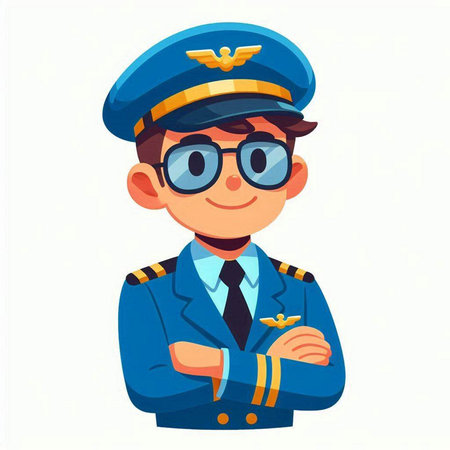 Cartoon vector illustration of a boy pilot in a blue uniform and glassesのイラスト素材