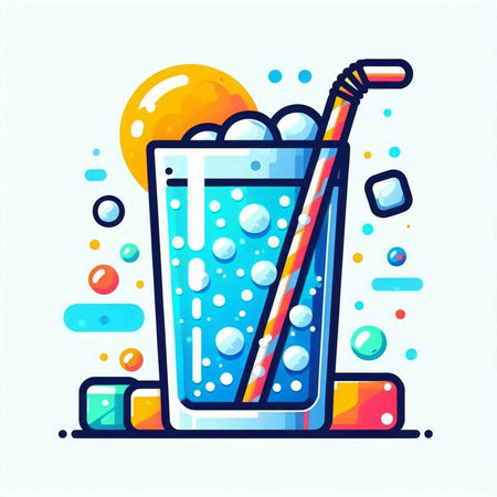 Cocktail icon in flat style. Vector illustration of a glass with ice cubes and straw.のイラスト素材