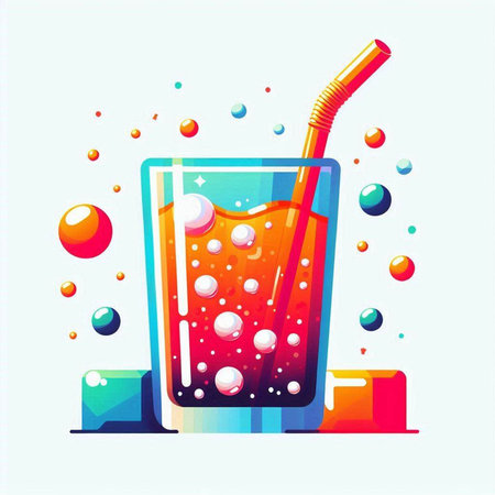 Colorful illustration of a glass of cola with a straw and bubblesのイラスト素材