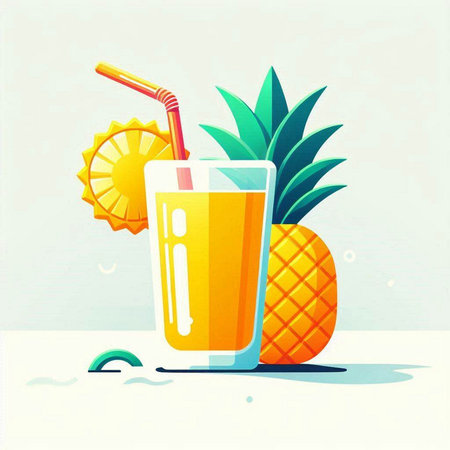 Vector illustration of a glass of fresh pineapple juice with a straw.のイラスト素材
