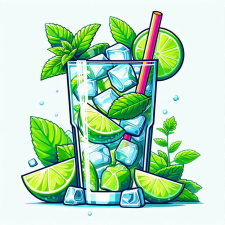 Mojito cocktail with lime, mint and ice. Vector illustration.のイラスト素材