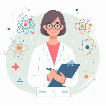Female scientist in white coat and glasses writing on clipboard. Cartoon flat vector illustration.のイラスト素材