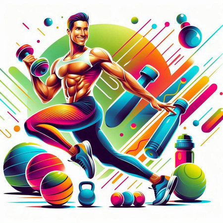 Fitness man with dumbbells and fitness equipment. Vector illustrationのイラスト素材