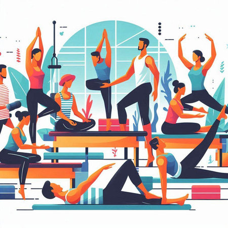 Vector illustration of group of people practicing yoga in the gym. Healthy lifestyle concept.のイラスト素材