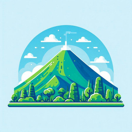 Illustration of a mountain with green trees and clouds in the skyのイラスト素材