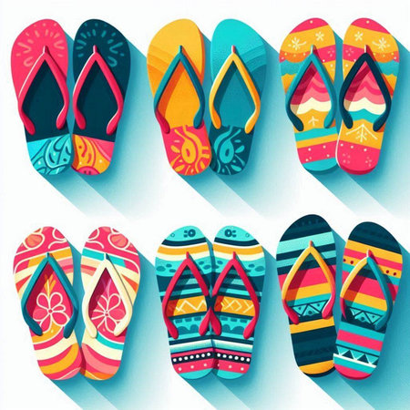 Set of colorful flip flops in flat style. Vector illustration.のイラスト素材