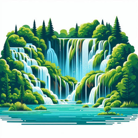 Waterfall on the river. Waterfall in the forest. Vector illustrationのイラスト素材