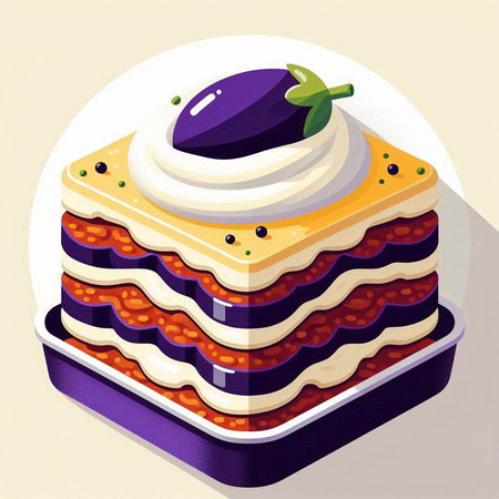 Illustration of a piece of cake with eggplant on top.のイラスト素材